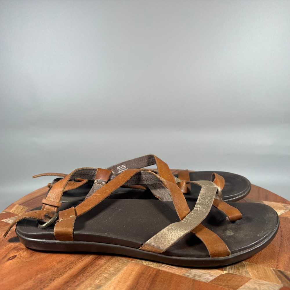 OluKai Upena Kona Coffee Gold Leather Strappy Gladiator Sandals Womens 7 20288